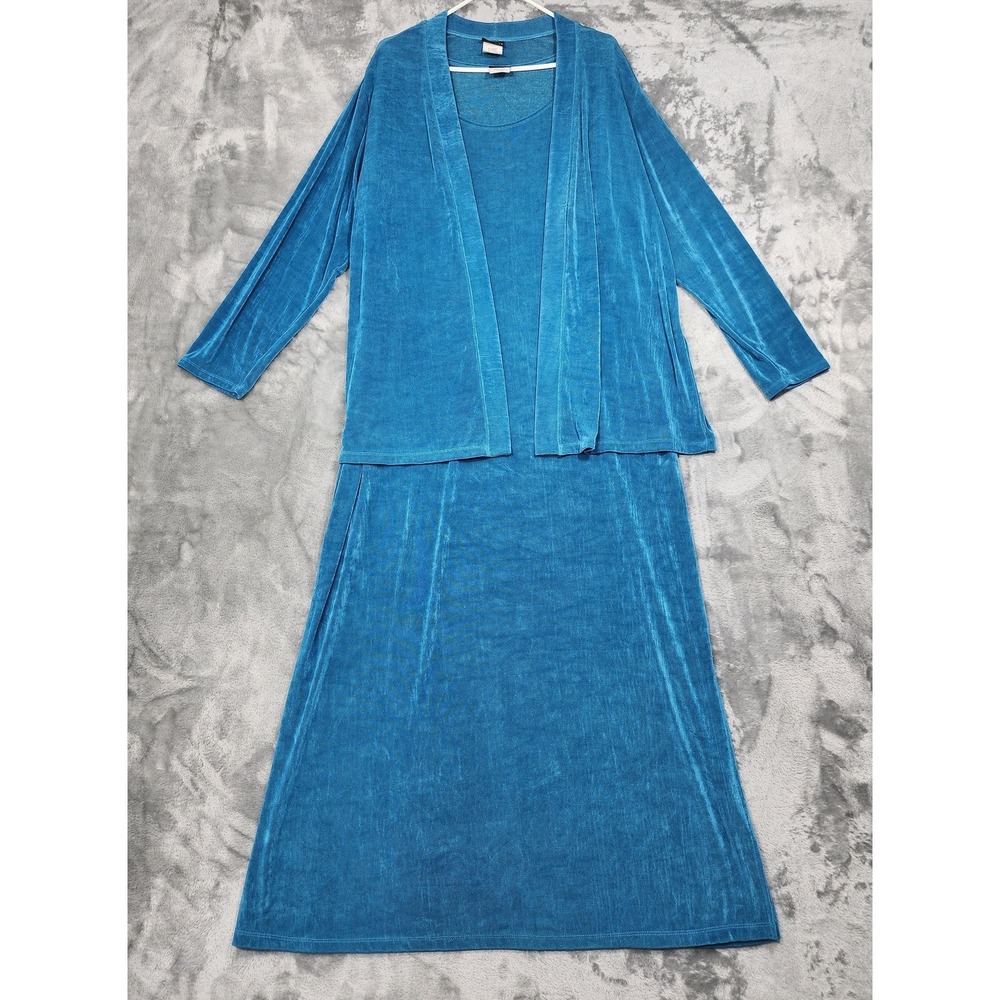 Citiknits‎ Dress Cardigan Set Womens 1X Blue Maxi Stretch Short Sleeve Twinset